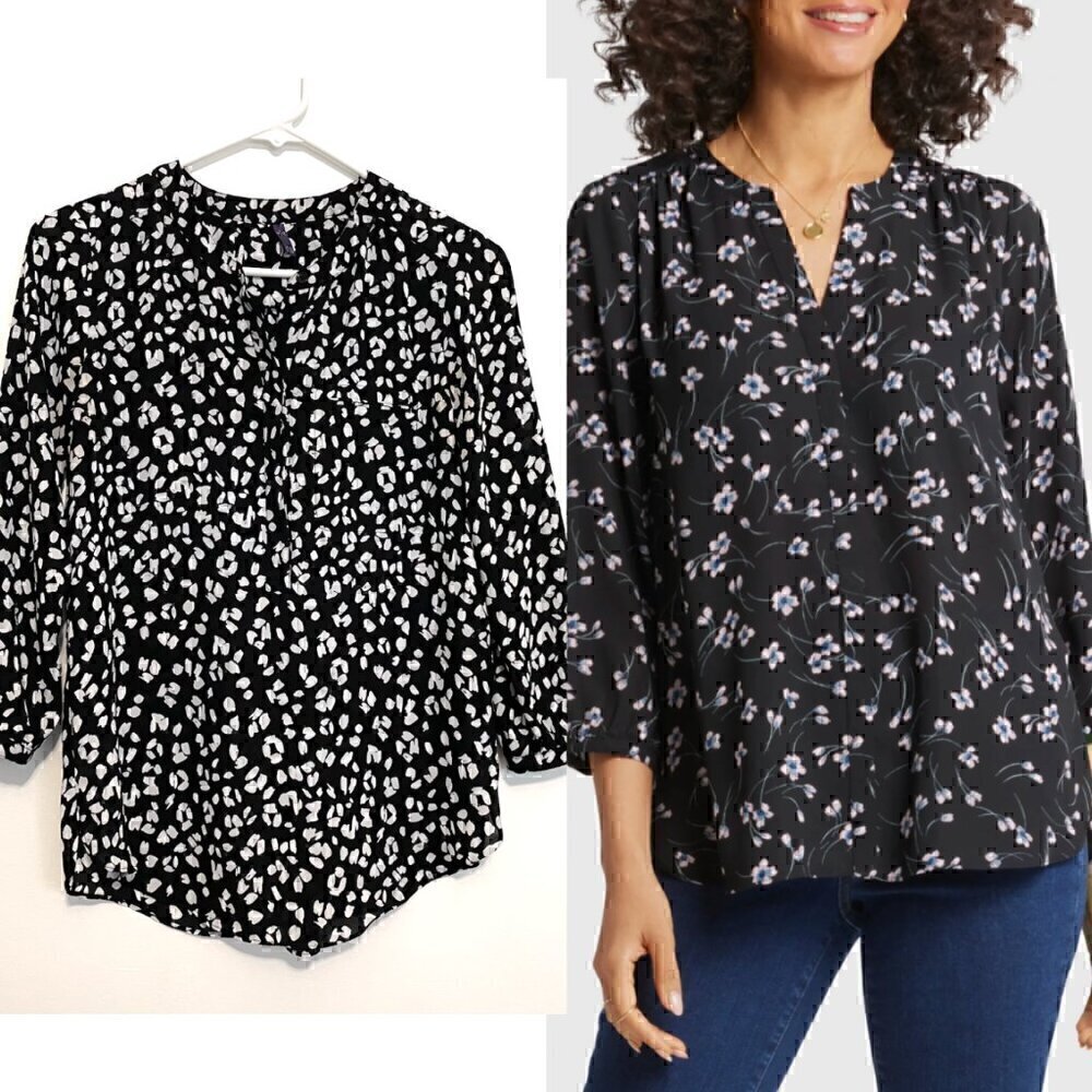 NYDJ NOT YOUR DAUGHTERS JEANS Pintuck Blouse 3/4 Sleeve Pleatback Black White